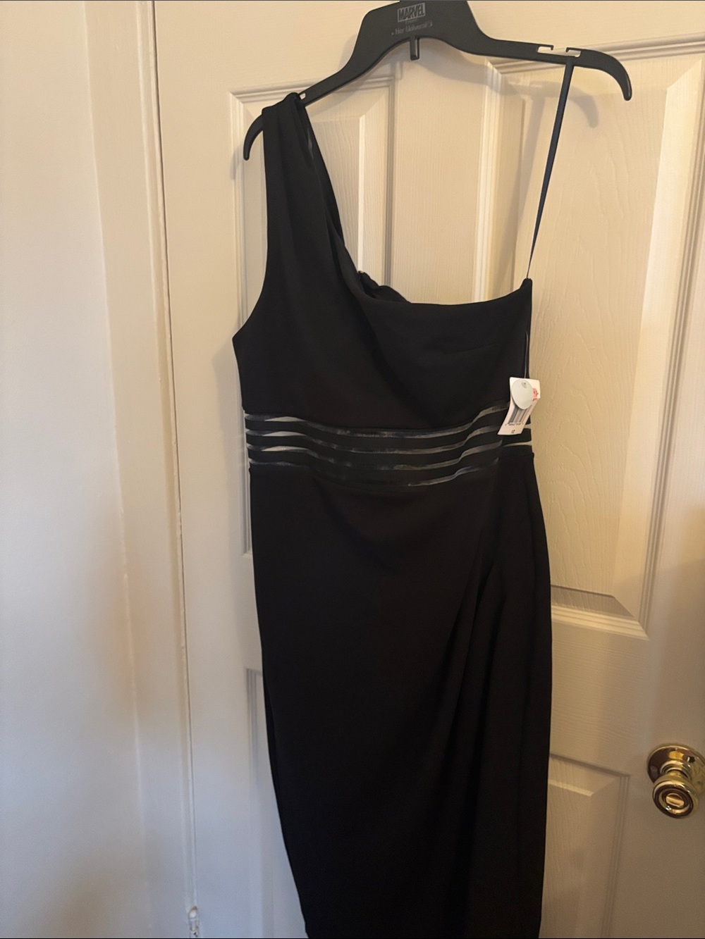 Black One-Shoulder Evening Dress with Gloss Waistband
